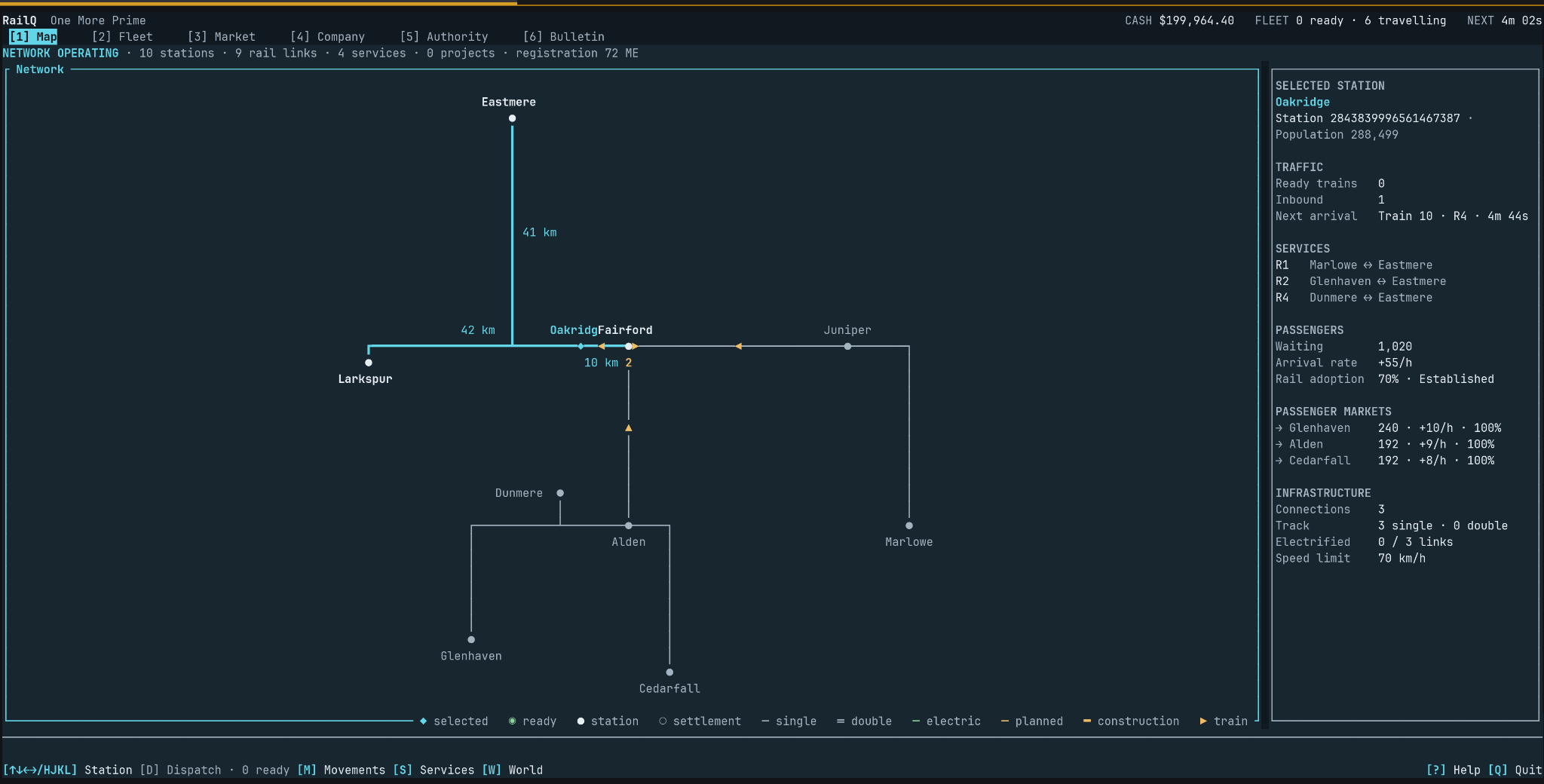 The One More Rail network map showing connected stations, moving trains, and details for the selected Oakridge station.